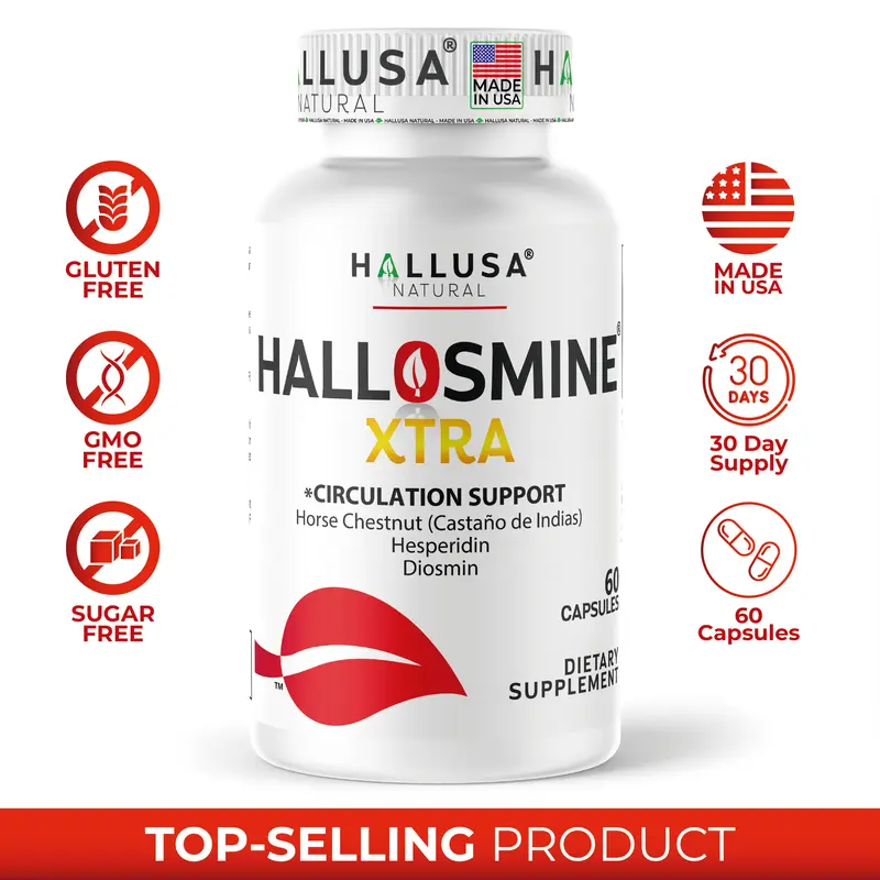 HALLUSA NATURAL HALLOSMINE XTRA 60 Capsules Triple Circulation Formula with Horse Chestnut Diosmin & Hesperidin for Chronic Venous Insufficiency 30 Day Supply Gluten Free GMO Free Sugar Free Fitness Supplement