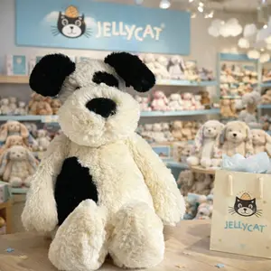 Black & Cream Puppy Jellycat Plush Toy with Gift Bag – Soft Stuffed Dog Animal, Cute Puppy Doll, Kids Plush Toy, Baby Shower Gift, Room Decor & Plush Collector, US Stock