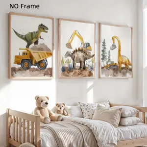 3Pcs/Set Unframed Construction Dinosaurs Watercolor Canvas Posters, Animal Wall Art, Modernism Room Decor, Artwork Wall Painting For Gift, Wall Picture for Living Room, Hallway, Bedroom, Dining Room, Dorm, Home And Dormitory Decoration