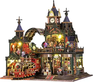 Spilay DIY Miniature House Kit, DIY Dollhouse Kit with Music Box and Dust Cover, 3D Wooden Puzzle Book Nook Kit for Adult, Bookshelf Decor&Gift for Birthday Halloween Christmas（Rail Track City）