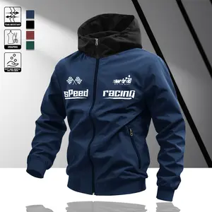 Men's Multi-Color Racing Print Hooded Jacket Lightweight Windproof Fabric Zipper Pockets Street Functional Style Daily Outdoor Casual Commuter Approved Trendy & Unique Design