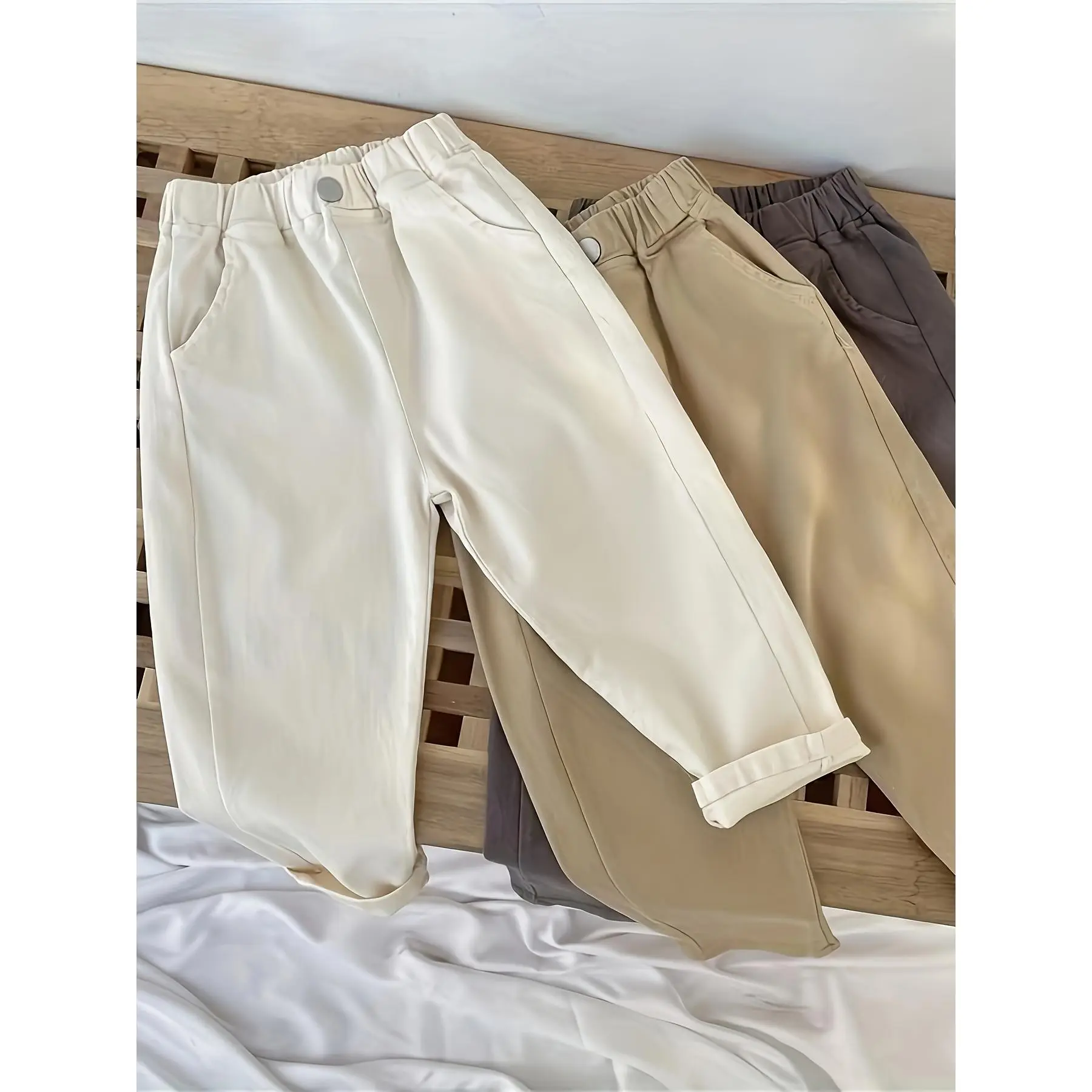 3pcs Set! Boys' Casual Pants, 9-Inch Length, + Khaki + Dark Gray, Solid Color Minimalist Versatile Outerwear Pants, Soft and Comfortable, 100-150, Spring/Autumn Daily Casual Wear, Perfect for Outdoor