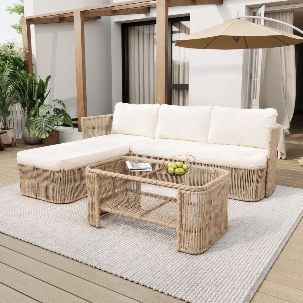 84.92-inch rattan lounge sofa, with backrest cushions, rust-proof iron frame, outdoor PE rattan patio furniture set, featuring high-resilience foam cushions, suitable for balconies and patios