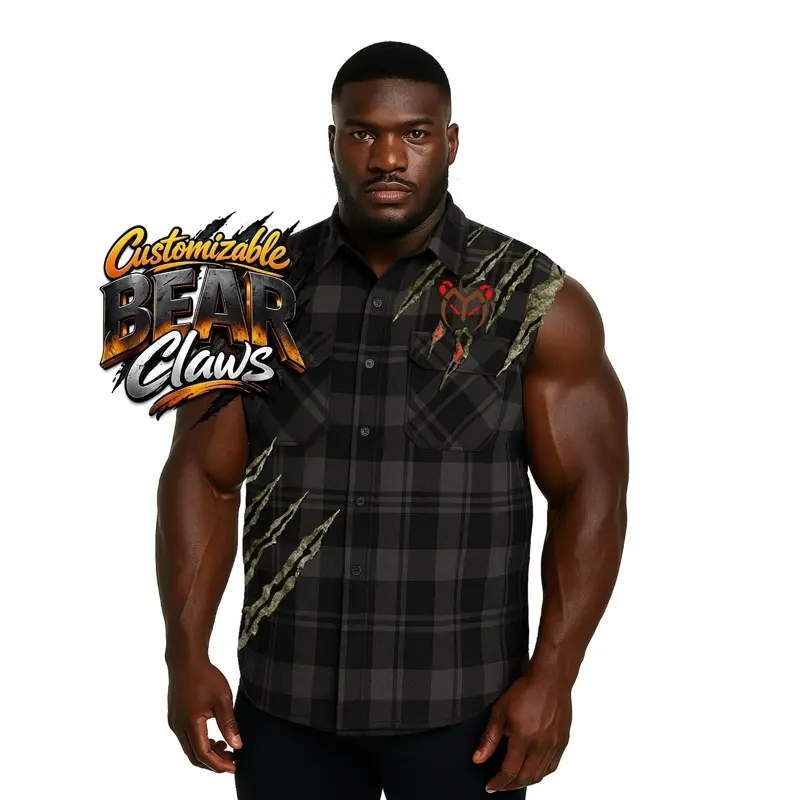 (No cuts) Sleeveless PAWsitive Flannel with BEAR Claws — Port & Company Unisex Plaid Shirt Black Cotton Crewneck Longsleeve Shirt