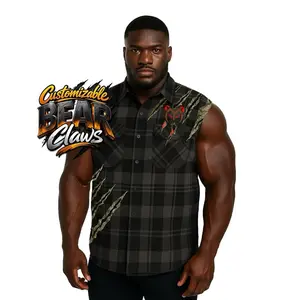 (No cuts) Sleeveless PAWsitive Flannel with BEAR Claws — Port & Company Unisex Plaid Shirt Black Cotton Crewneck Longsleeve Shirt