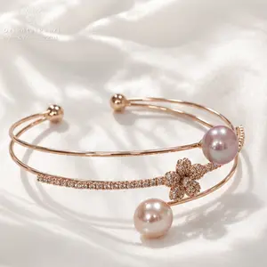 B12-A Garden Kissed by Pearls-Rose Gold Adiustable Bangle with Elegant Sparkle