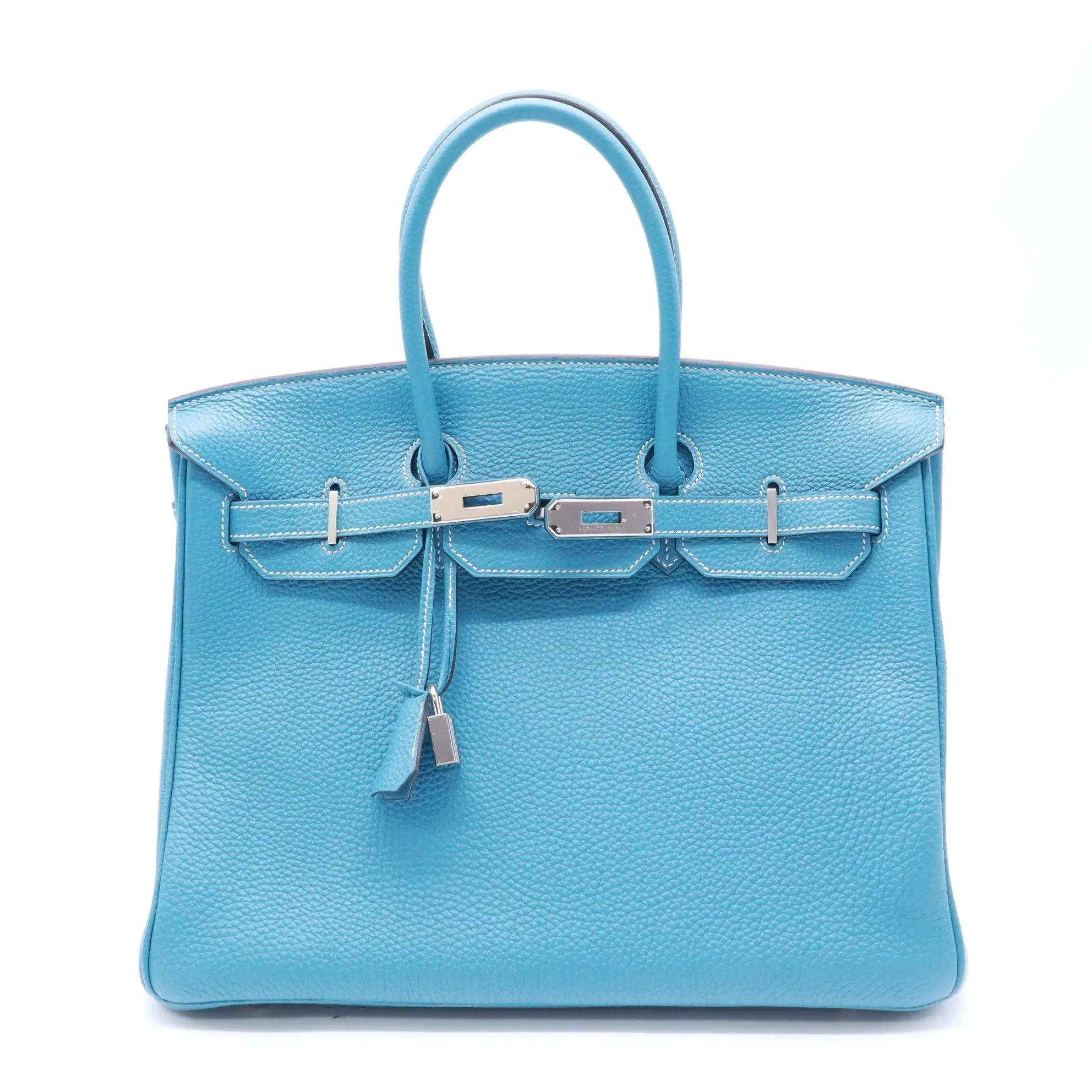 Pre-owned HERMÈS Leather top handle bag Hermes Birkin Handbag Bleu Jean Togo with Palladium Hardware 35 B23719