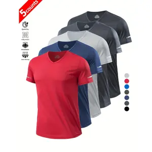 5pcs Men's Lightweight Breathable V-Neck Athletic T-Shirts - Quick-Dry, Moisture-Wicking Short Sleeve Sports Shirts for Golf, Fishing, Gym, Running & Casual Wear (Red, Blue, Black, Gray, Dark Blue), Sports Activewear| Sporty Vneck| Breathable Fabric, Spor