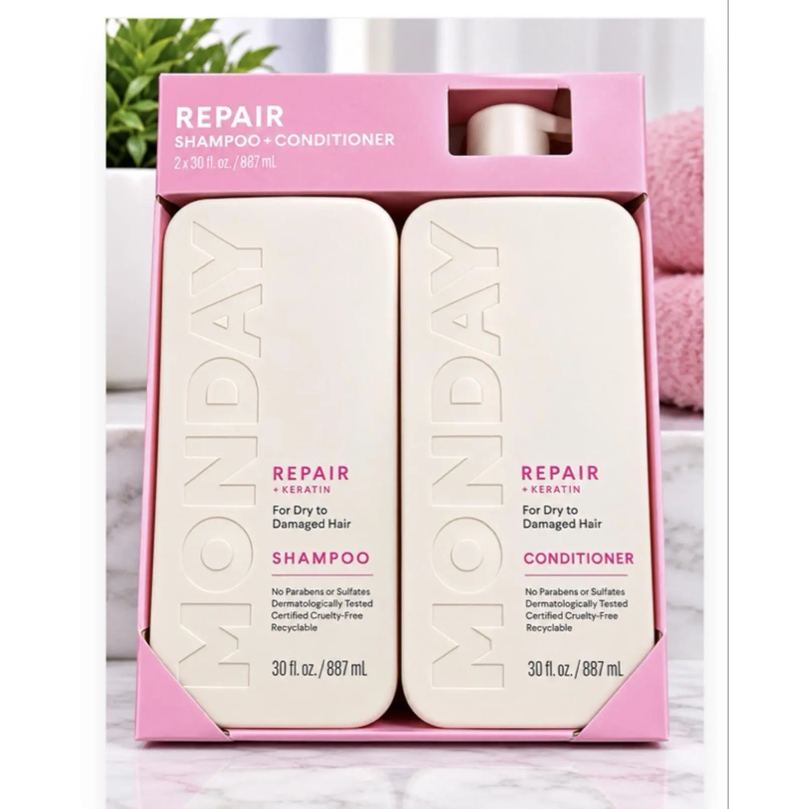 Monday Repair Haircare Nourishing Shampoo & Conditioner Set - Cleansing, Strengthens, Keratin & Extract Formula, Split End Repair Kits for Dry to Damaged Hair, 30 fl oz (500ml Equivalent) Each