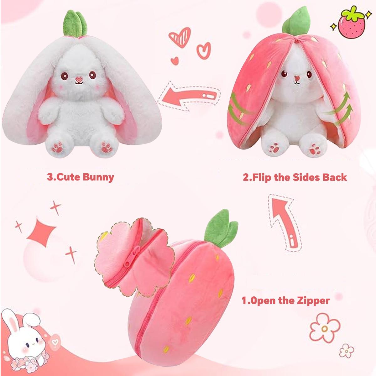 Easter Bunny Stuffed Animal, Carrot and Strawberry Bunny Plush Turn Into Rabbit Fruit Doll, Plushies Funny Bunny Toy for Baby