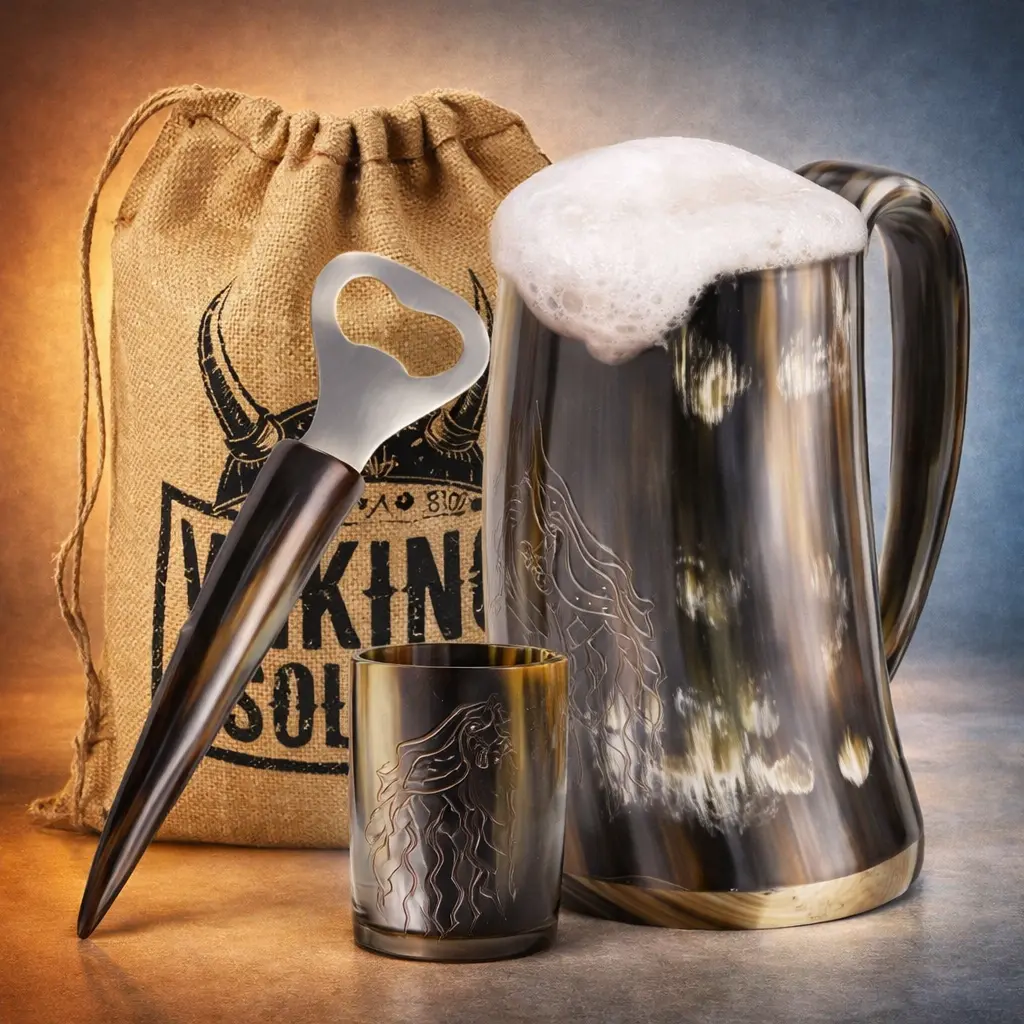 FENRIR Sturdy Classic Non-Customised Natural Animal Figure Mugs Gift Set - 2025 Limited Edition Handcrafted Medieval 16 oz Cup, 3 oz Shot Glass, Viking-Inspired Wolf Engraved Bottle Opener, Holiday Gift for Husband