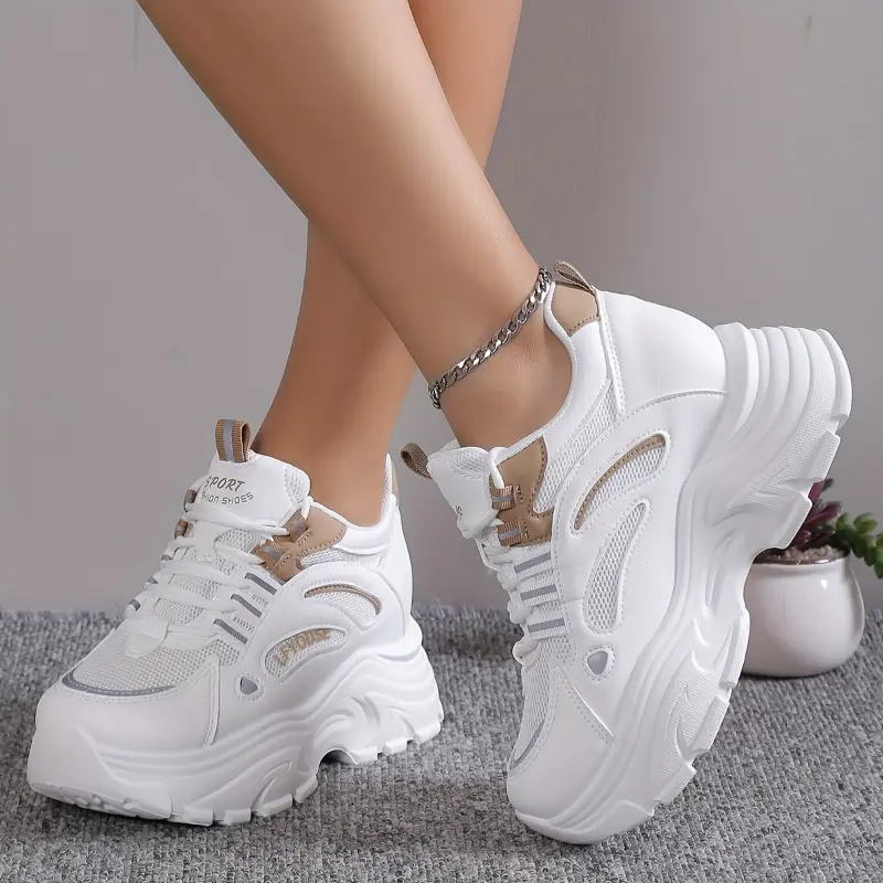 Women's Solid Color Mesh Sneakers, Lace Up Low-top Round Toe Heightening Thick Sole Trainers, Versatile Comfy Shoes Snow Garden Boots  White Casual  pants Lightweight Waterproof Hi Vis Safety Rain Suit