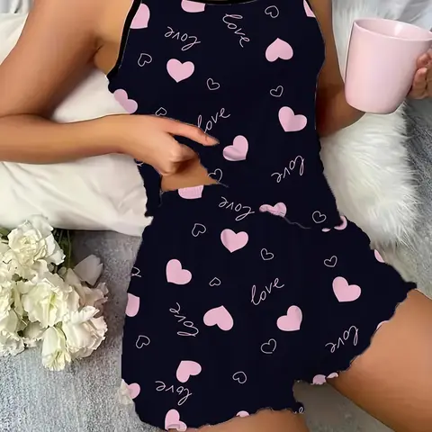 Women's Heart Print Cami Top and Shorts Loungewear Set, Casual Spaghetti Strap Pajamas for Summer Sleepwear, Camisole Sets
