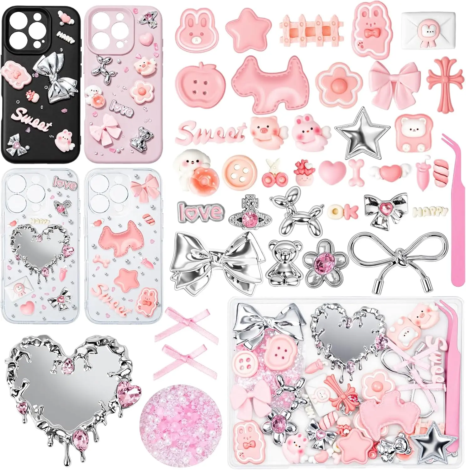 Pink-Silver Themed Animal Junk Case Charms Kit - Flat Back Resin Charms, Mirror, Tweezers, DIY Kawaii Decor for Jewelry Making, Cute Phone Case Accessories, Bow Charms, Crystal Rhinestone Accessories