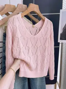 Women's V Neck Hollow Out Knit Sweater, Long Sleeve Shell Pattern Pullover, Casual Soft Crochet Top for Spring Summer