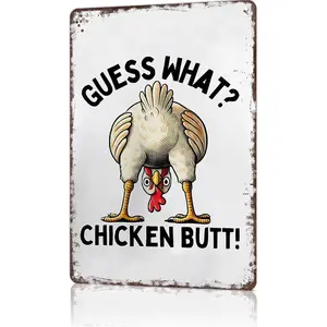 Funny Chicken Coop Metal Sign-"Guess What?Chicken Butt"Posters Wall Art- for Farmhouse Kitchen Home Decor 8x12inch