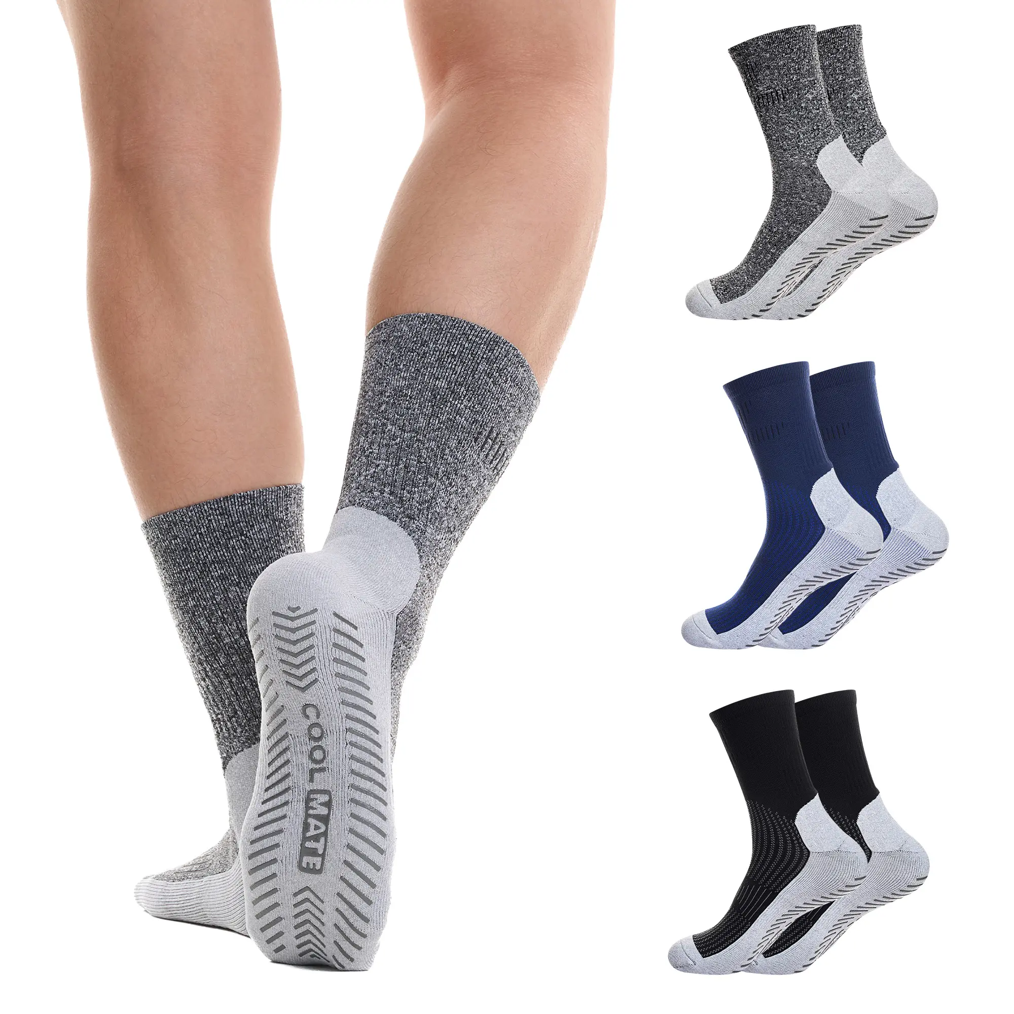 CoolMate Mens Grip Socks, Non Slip Socks for Yoga, Pilates, 3 Pairs 6-14