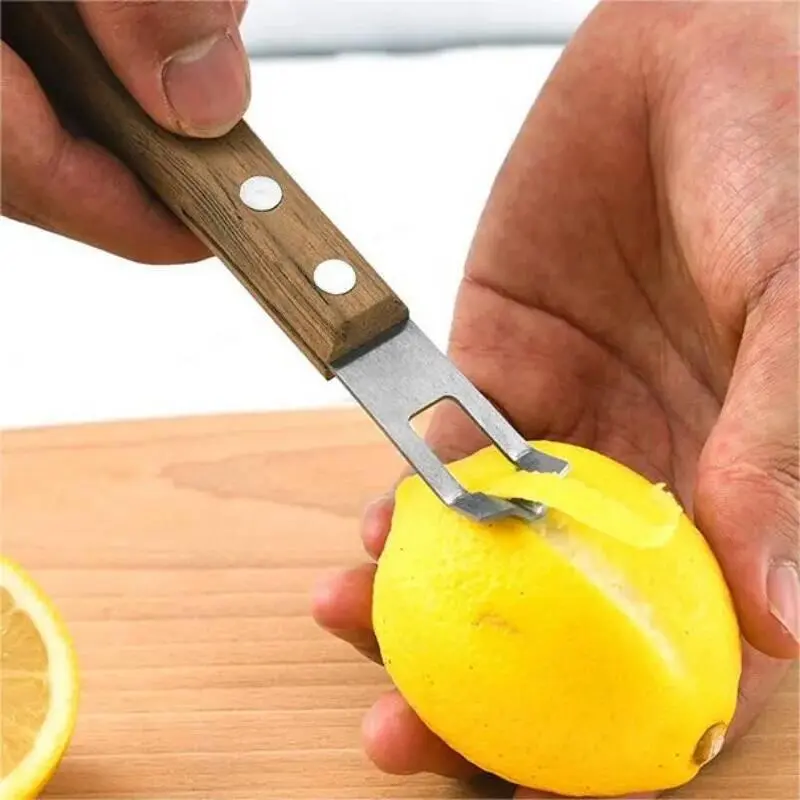 Wooden Handle Lemon Peeler, Rust-Proof Fruit Paring Knife for Citrus Peeling, Eco-Friendly Bar and Kitchen Gadgets, Fruit Peeler, 1Pc