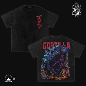 Godzilla Shirt Gojira King Of The Monsters Kaiju Atomic Breath Lava Flame Japanese Poster Retro Art Vintage Washed Oversized T-Shirt Hoodie Sci-Fi Movie Graphic Tee Faded Dark Red Blue Neon Streetwear Merch Gift For Movie Fan Clothes