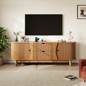 Mid Century Modern TV Stand, TV Stands for Living Room with 2 Drawers and Adjustable Shelves, Entertainment Center with Power Output, Wooden TV Console