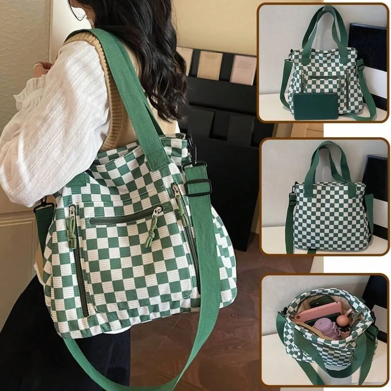 Checkered Tote Bag: Stylish, Versatile, And High-Capacity Commuter Handbag - Casual Corduroy Shoulder & Crossbody Bag