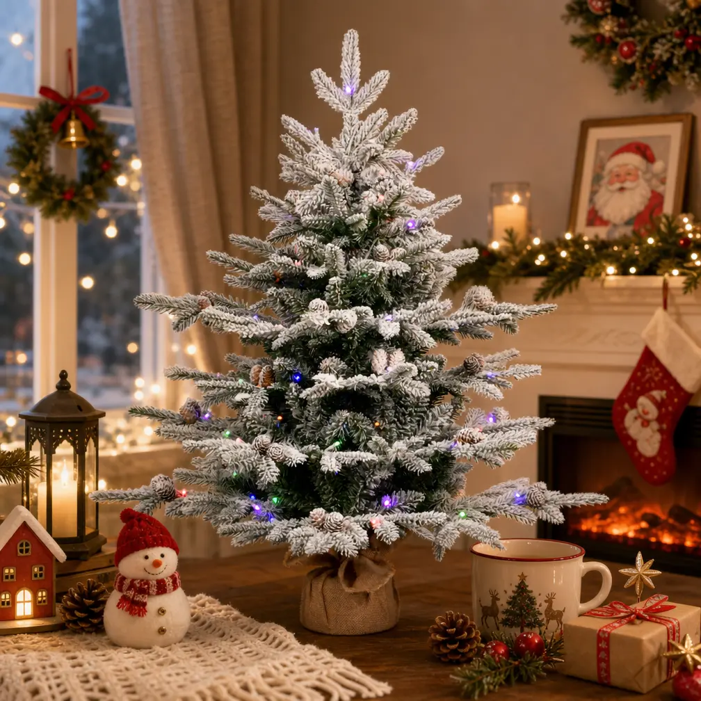 3FT Premium Velvet Artificial Christmas Tree - Colorful LED Lights, Metal Folding Stand Included - Ideal for Home, Office Festive Decorations