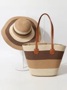 2PCS Women's Foldable Straw Hat and Large Capacity Shoulder Bag, Multi functional Handbag, Stylish Tote Bag, Fashionable Striped Beach Sunscreen Hat, Suitable for Outdoor Travel, Vacation Travel, and Event Parties
