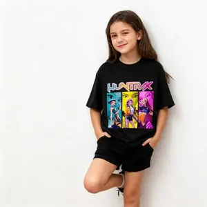 Girl's/Boy's KPOP Demon Hunters Y2K 100% Cotton Graphic Tees,Rumi&Zoey&Mira,Back School Clothes Girls, Black Round Neck Letter Print T-Shirts with Blue Pink Yellow Purple Color Block Design, Machine Washable, Suitable fo Outdoor Sports