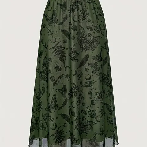 Fairycore Gothic Bat Skull Moon Pumpkin Print Midi Skirt, Punk A-Line Fitted Skirt, Halloween Costume, All Seasons Wear, Bottom