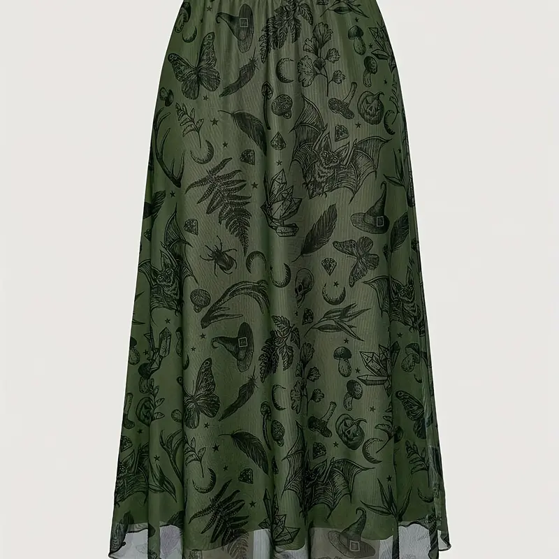 Fairycore Gothic Bat Skull Moon Pumpkin Print Midi Skirt, Punk A-Line Fitted Skirt, Halloween Costume, All Seasons Wear, Bottom
