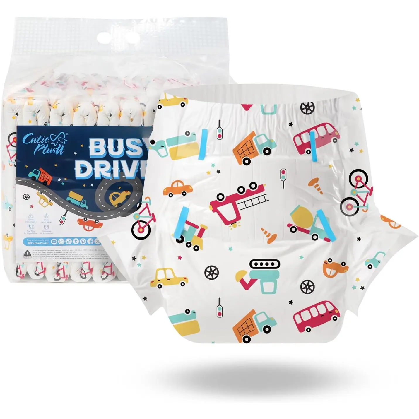 Adult Diapers 10 count, Disposable  Briefs with Tabs for Women and Men, Maximum Overnight Absorbency- Busy Driver (Medium 28"-38")