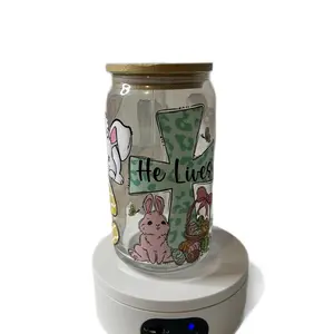 Glass Beer Can/Libby Wrap Easter Holiday 16oz cup with glass straw and cleaning brush.