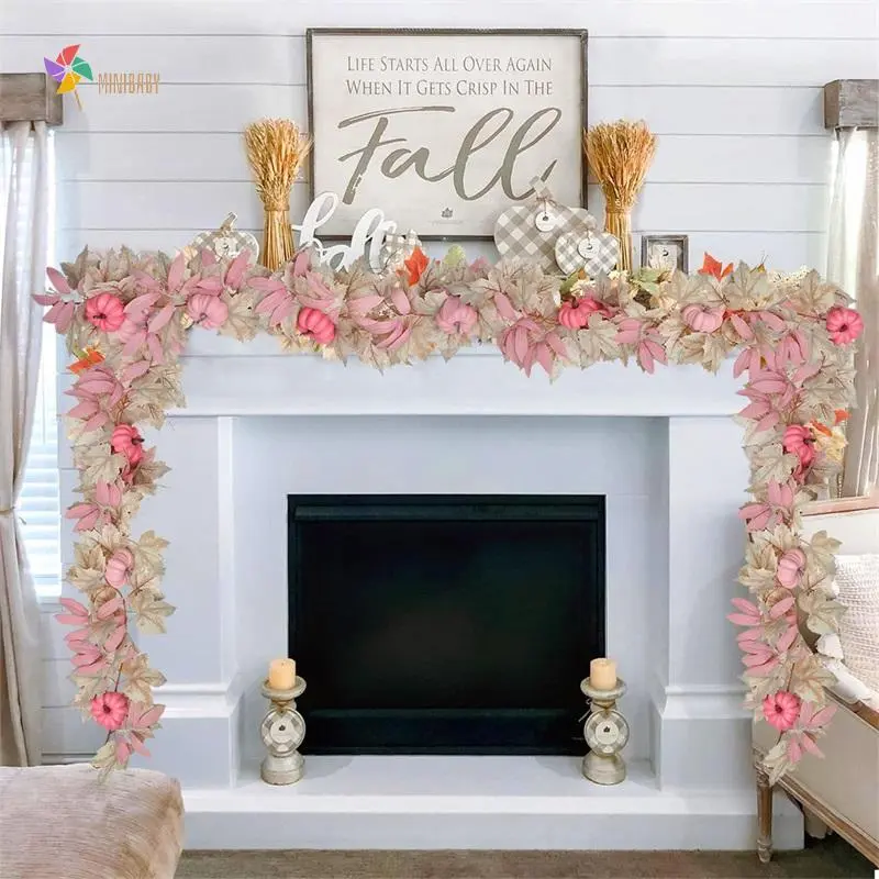 Artificial Maple Leaves Garland with Plastic Pink Pumpkin Decorations, Halloween Fall Hanging Decor for Holiday Party