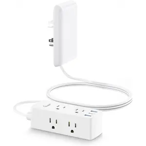 Flat Extension Cord with Outlet Cover, Flat Plug Power Strip with 6 Outlets and 3 USB Ports, 2000 Joules Surge Protector, 5 FT Cord Hidden Outlet Extender for Tight Spaces, White