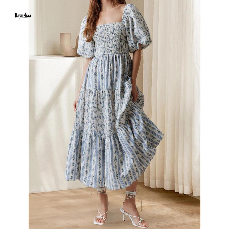 Women Long Dress Floral Print Square Neck Short Sleeve Dress Summer Fashion Casual Dress Check Light Polyester Womenswear