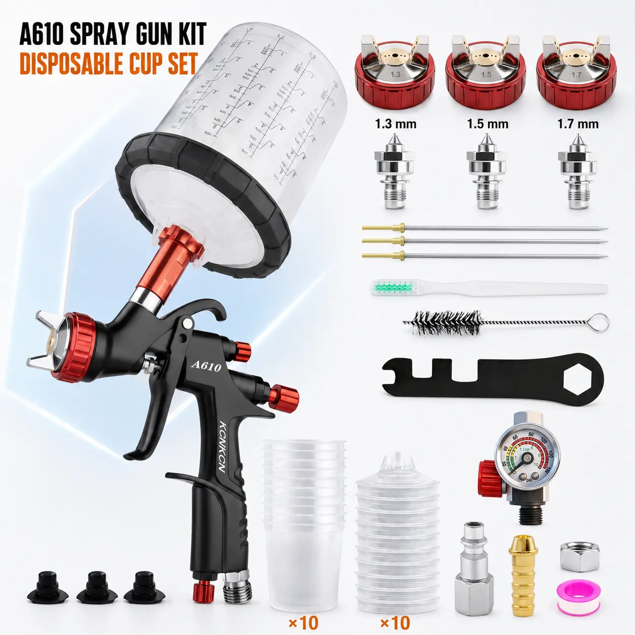 Premium A610 LVLP Paint Spraying Tool Kit - HVLP Spray Gun, 1.3/1.7/2.0mm Nozzles, Air Regulator, 650ml Mixing Cup, 10 Disposable Cups, Adjustable Hardware, Cleaning Tools, Stainless Steel-Aluminum Alloy Build, Precision Car Painting Use