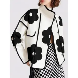 Women's Floral Print Contrast Binding Button Front Flap Detail Jacket, Elegant Stand Collar Drop Shoulder Long Sleeve Outerwear for Fall & Winter, Ladies Clothes for Daily Wear��gift�� Fit Womenswear