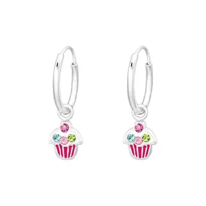 Hanging Cupcake 925 Silver Hoop Earrings with Crystals
