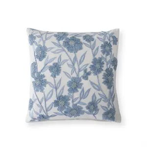 Linen & Blue Embroidered Floral Pillow - 18x18
