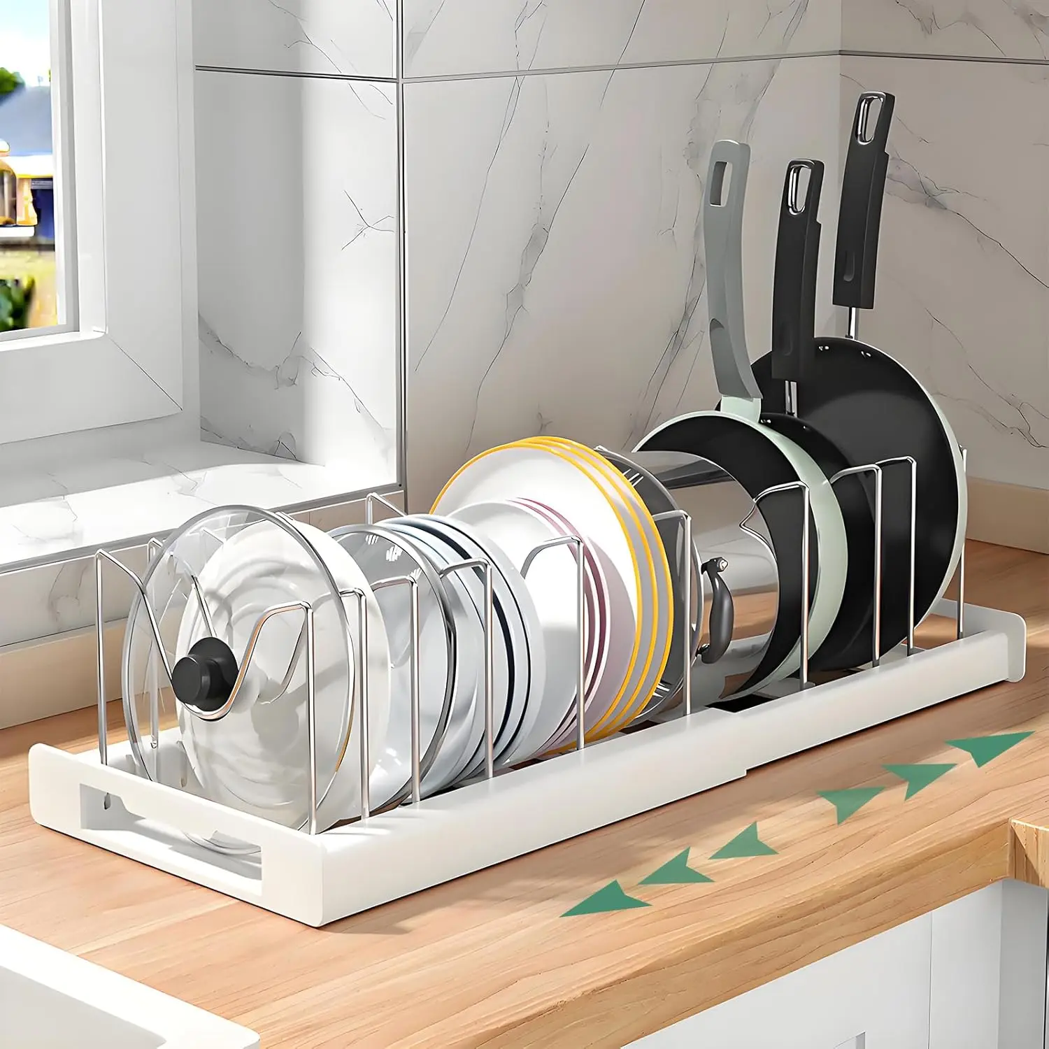 Cookware and frying pan storage rack with 7 stainless steel adjustable shelves, extendable to fit under cabinets, suitable for storing baking trays, cutting boards, lids, tableware, cookware, pots, pans, and bowls.