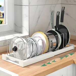 Cookware and frying pan storage rack with 7 stainless steel adjustable shelves, extendable to fit under cabinets, suitable for storing baking trays, cutting boards, lids, tableware, cookware, pots, pans, and bowls.
