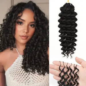 Daixi Kinky Straight Deep Wave Jerry Curly Feather Crochet Hair Pre-Looped Burmese Human Hair Natural Black for Boho Braids Miracle Knots, Soft Lightweight 50g/Pack, 3-5 Packs For Full Head