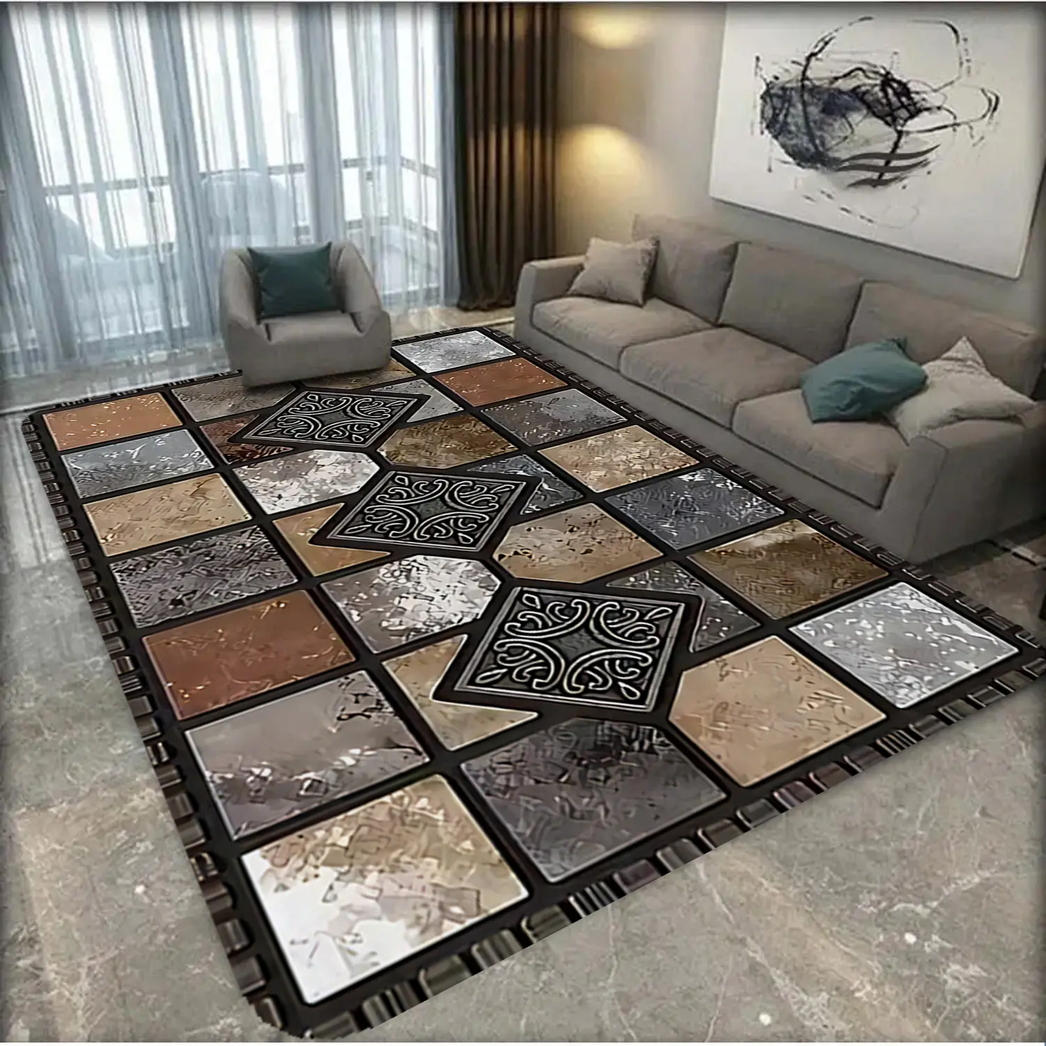 1 piece of stone brick themed carpet, Geometric pattern rug, soft and absorbent, anti slip and wear-resistant, elasticity, suitable for home decor, outdoor decoration, durable and washable, can be used as pet mats, Modern geometric rug, Decorative Rug