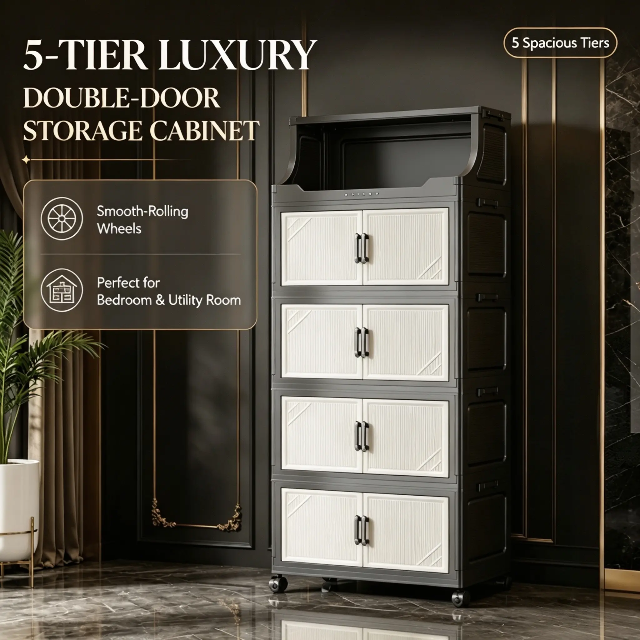 3-6 Tier Large Capacity Stackable Storage Cabinet with Lid, Foldable Wardrobe Storage Box with Double Doors and 360 Degree Lockable Wheels, Multifunctional Space Saving Plastic Storage Organizer for Home, Living Room and Dormitory