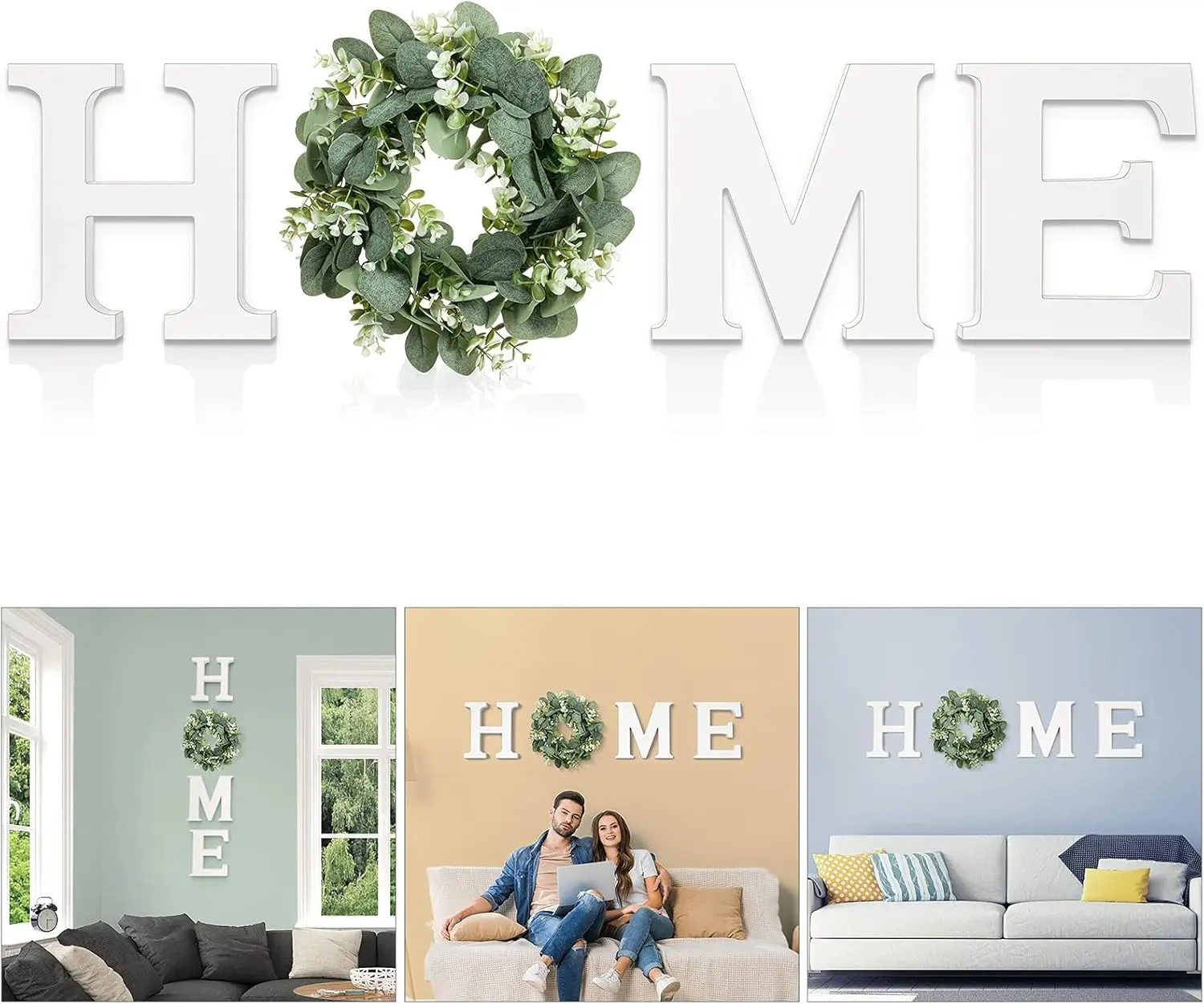 Modern Wooden  Sign with Artificial Eucalyptus Wreath, White and Beige, 13.81 inches Diameter, Wall Mount, MDF , Plastic