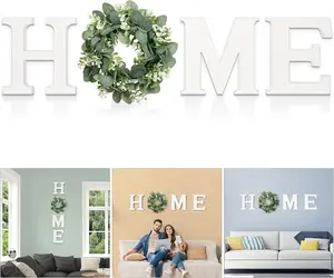 Modern Wooden  Sign with Artificial Eucalyptus Wreath, White and Beige, 13.81 inches Diameter, Wall Mount, MDF , Plastic