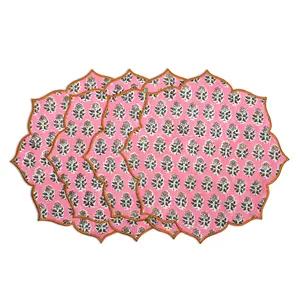 Embroidered Scalloped Cotton Placemats - Poppy Pink (Set of 4)
