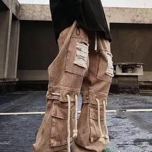 Large Pocket Hip-Hop High Street American Vintage Jeans Trendy Loose Cargo Retro Straight Wide-Leg Pants Menswear Man baggy pants baggy jeans men Streetwear Plain Beige Coffee
