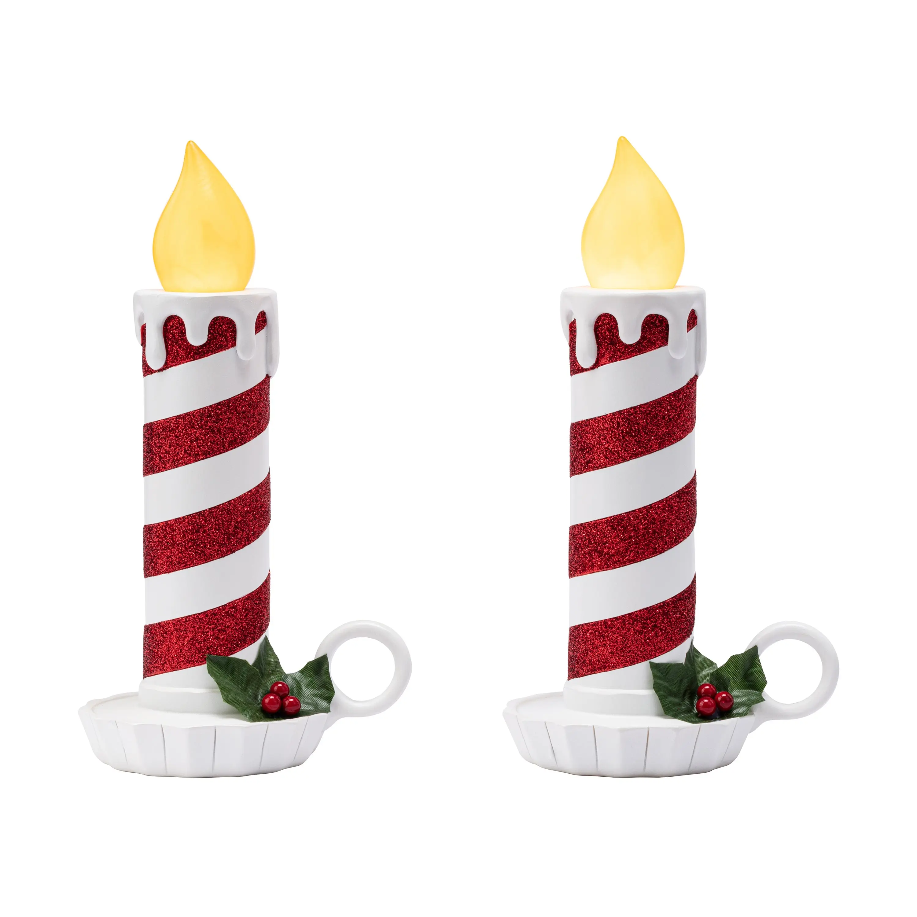 10" Tall Red and White Striped Flickering LED Flame Candle Lights Set of 2, Battery-Powered (2 x AA Batteries) Indoor Christmas Decorations with 4" Deep Design, Timer Function