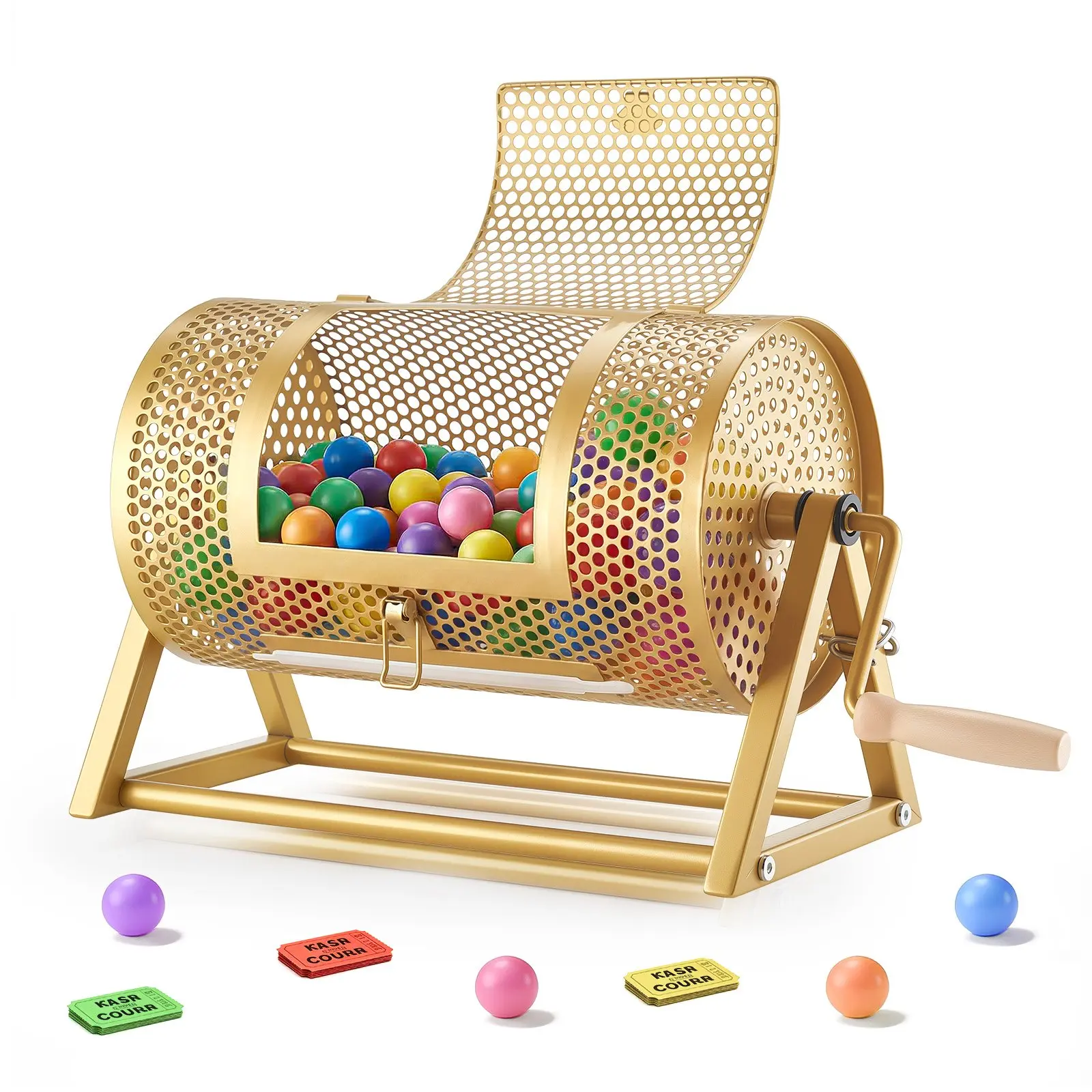 VEVOR Large Capacity Raffle Ticket Spinner Drum, 11.6x6.6 in, Holds 2500 Tickets or 100 Ping Pong Balls, 360° Rotation Cage, Reinforced Handle, Stable Triangular Stand, Reliable Quality, Easy to Use, for Parties, Events, Gatherings, Gold